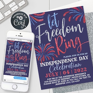 4th of July Invitation - Let Freedom Ring Independence Day Patriotic 5x7 & 4x6 inch Invite Editable Template Instant Download PDF, JPG, PNG