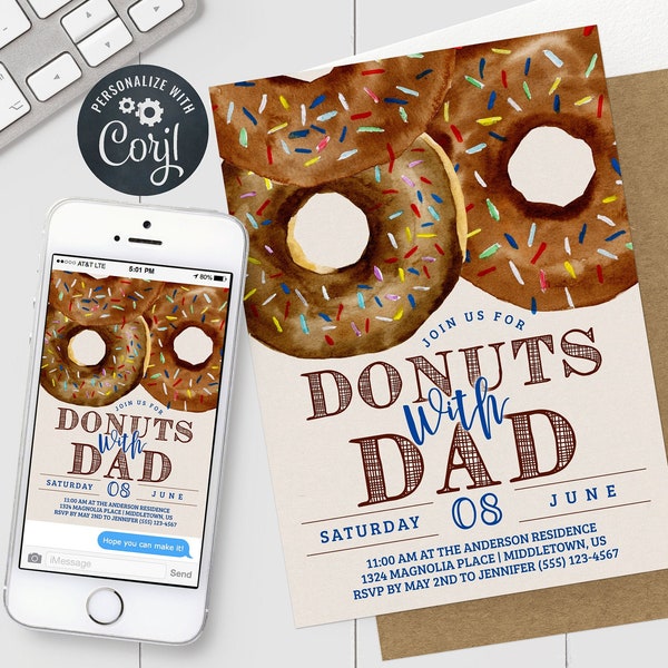 Donuts With Dad Invitation - Fathers Day Invitation Editable Template Instant Download PDF, JPG, or png