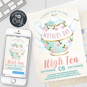 Mother's Day High Tea Invitation - Mothers Day Tea Party Invite - Editable Printable Template Instant Download PDF, JPG, or PNG