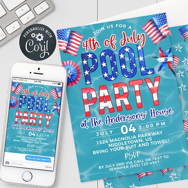 4th of July Pool Party Invitation - Independence Day Swim Patriotic 5x7 & 4x6 inch Invite Editable Template Instant Download PDF, JPG, PNG