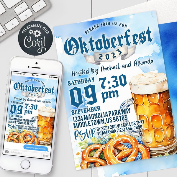 Oktoberfest Invitation - Blue Beer Pretzels Octoberfest Digital Invite 5x7" & 4x6" Editable Template Instant Download PDF, JPG, or PNG