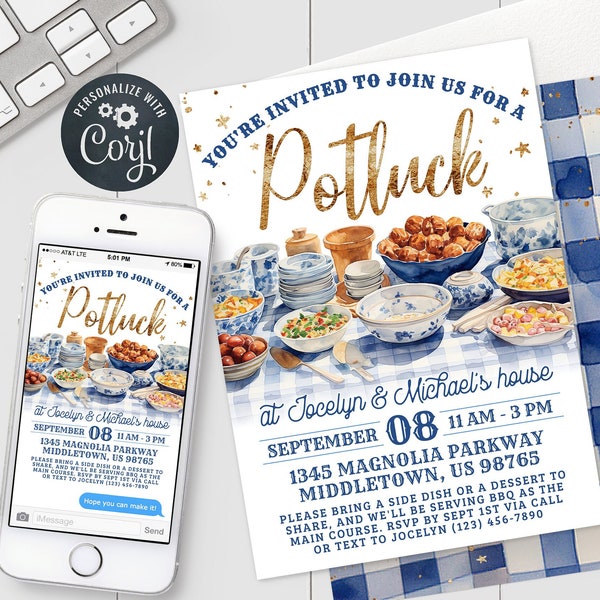 Potluck Invitation - Blue Pot Luck Picnic Mobile Digital Invitation 5x7 & 4x6 inch Editable Template Instant Download PDF, JPG, or PNG