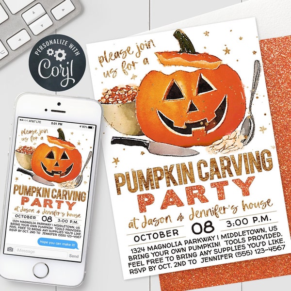 Pumpkin Carving Party Invitation - Watercolor Gold Boho Pumpkin Digital Invite 5x7" & 4x6" Editable Template Instant Download PDF, JPG, PNG