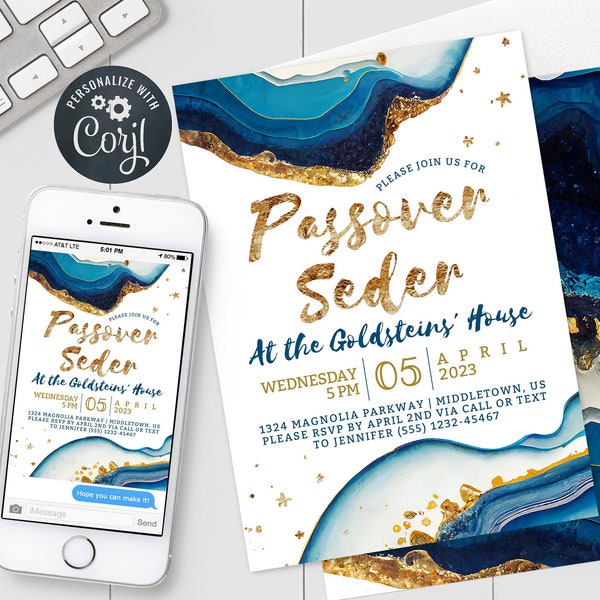Passover Seder Invitation - Blue Gold Agate Passover Digital Invite - 5x7 & 4x6 Editable Template Instant Download PDF, JPG, or PNG