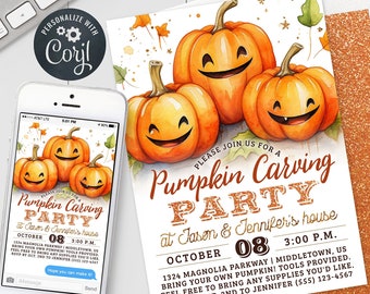 Pumpkin Carving Party Invitation - Cute Halloween Jack-o-Lanterns Digital Invite 5x7" & 4x6" Editable Template Download PDF, JPG, PNG