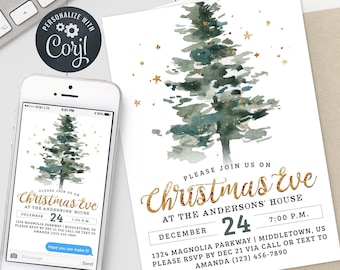 Christmas Eve Invitation - Tree Boho Gold Watercolor Trendy Holiday Invite 5x7 & 4x6 Editable Template Instant Download PDF, JPG, PNG PT1022