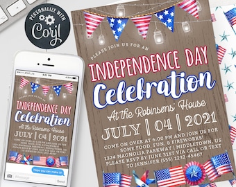 Independence Day Invitation - July 4th Celebration Patriotic 5x7 & 4x6 inch Invite Editable Template Instant Download PDF, JPG, or png