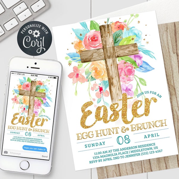 Easter Invitation - Cross Easter Party Invitation Editable Template Easter Sunday or Easter Brunch Instant Download PDF, JPG, or PNG