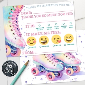Rolschaatsen verjaardag kinderen bedankje - roze paars Skate selectievakje bedankkaart 5 x 7 & 4 x 6 afdrukbare bewerkbare sjabloon PDF JPG RS924