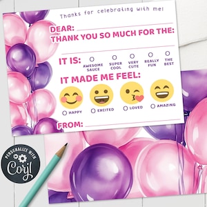 Kinder Geburtstag Dankeschön Notiz - Rosa Lila Füllen Sie das leere Kästchen aus Emotion Dankkarte Mädchen 5x7 4x6 Printable Bearbeitbare Vorlage PDF JPG