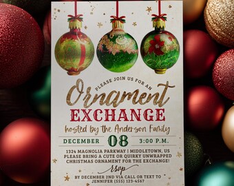 Ornament Exchange Invitation, Christmas Holiday Party, Digital 5x7 4x6 Editable Template PDF JPG GO1122