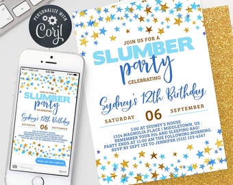 Slumber Party Invitation - Blue and Gold Stars Sleepover Birthday Invitation Editable Template Instant Download PDF, JPG, or PNG