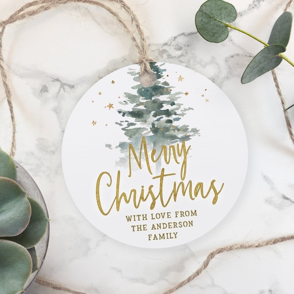 Merry Christmas Round Tag Template - Boho Family Name Editable Christmas Tags or Circle Labels Printable 2-inch & 1.5-inch Label Tag PT1022