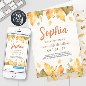 Autumn Birthday Invitation Autumn Leaves Fall Birthday Digital ...