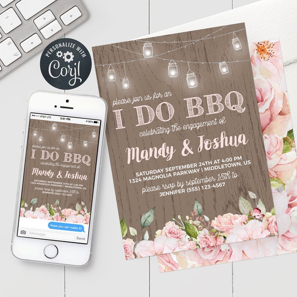 I Do BBQ Invitation - Engagement Party Boho Pink Roses - Engagement Party BBQ Barbecue Editable Template Instant Download pdf, jpg, or png