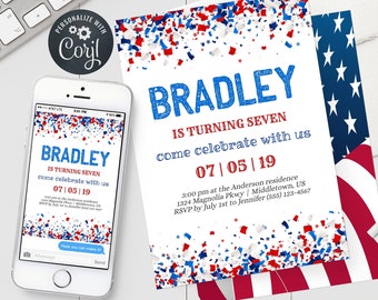 4th of July Birthday Invitation - Independence Day Patriotic Birthday Invitation Editable Template Instant Download PDF, JPG, or PNG