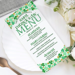 St Patrick's Day Menü - Shamrock Glitter Irish Saint Patty's bearbeitbare Menüvorlage 4 x 8 & 3,74 x 8,27 "Vista Print oder Print zu Hause PDF GSH123