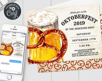 Oktoberfest Invitation - Pretzel & Beer Printable Oktoberfest Invitation - Editable Template Instant Download PDF, JPG, or PNG