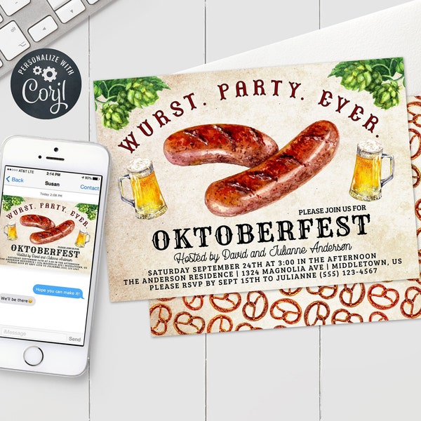 Oktoberfest Invitation - "Wurst Party Ever" Oktoberfest Invitation - Editable Template Instant Download PDF, JPG, or PNG