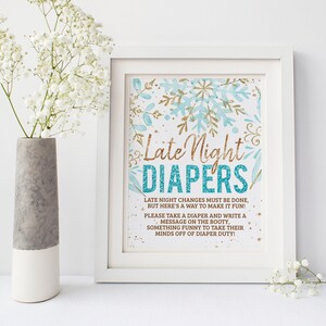 Late Night Diapers Sign, 8x10 Blue Snowflake Winter Baby Shower Printable, PDF JPG BSF1022