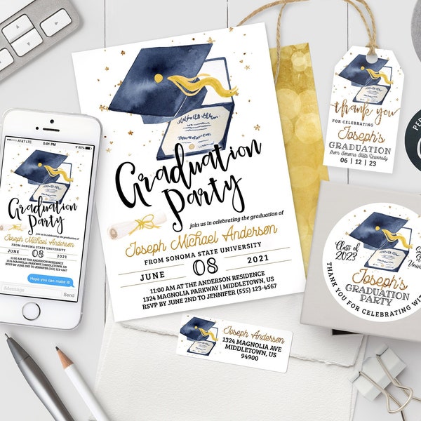 Graduation Party Printable Set - Navy Gold Grad Cap 5x7 & 4x6 Digital Invite, Labels, Avery Favor Tags - Editable Templates PDF JPG GR0622