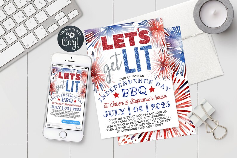 Lets Get Lit Funny 4th of July Party Digital Invitation