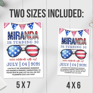 4th of July Birthday Invitation with patriotic independence day sunglasses and flags, 5x7 and 4x6 inch sizes.