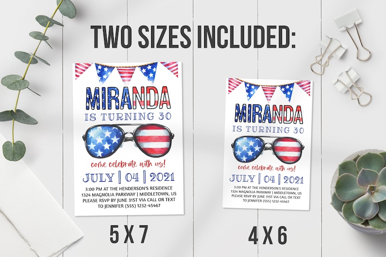 4th of July Birthday Invitation with patriotic independence day sunglasses and flags, 5x7 and 4x6 inch sizes.
