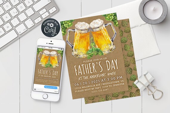 Fathers Day Invitation: Rustic Beer, Digital Invite 5x7 4x6 Editable Template PDF JPG