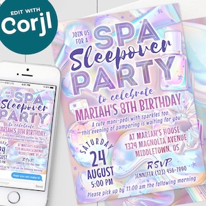 Spa Sleepover Invitation - Pamper Party Birthday Slumber Glam Pastel Rainbow Bday Digital Invite 5x7 4x6 Printable Editable Template PDF JPG