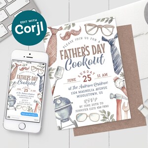 May include: A Father's Day Cookout invitation with a watercolor design featuring a grill, tools, glasses, a tie, and a mustache. The invitation text reads "Please join us for a Father's Day Cookout, Sunday June 25, 11 AM at The Anderson Residence, 1324 Magnolia Avenue, Middletown, US. RSVP by June 20th to Jennifer (123) 456-7890."