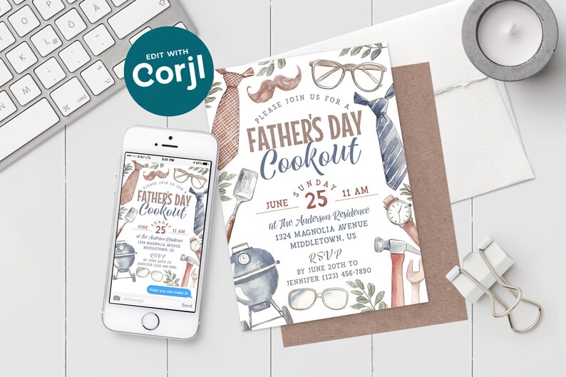 May include: A Father's Day Cookout invitation with a watercolor design featuring a grill, tools, glasses, a tie, and a mustache. The invitation text reads "Please join us for a Father's Day Cookout, Sunday June 25, 11 AM at The Anderson Residence, 1324 Magnolia Avenue, Middletown, US. RSVP by June 20th to Jennifer (123) 456-7890."