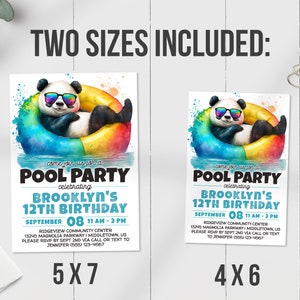 Kids Pool Party Invitation with panda in sunglasses, 5x7 and 4x6 sizes.