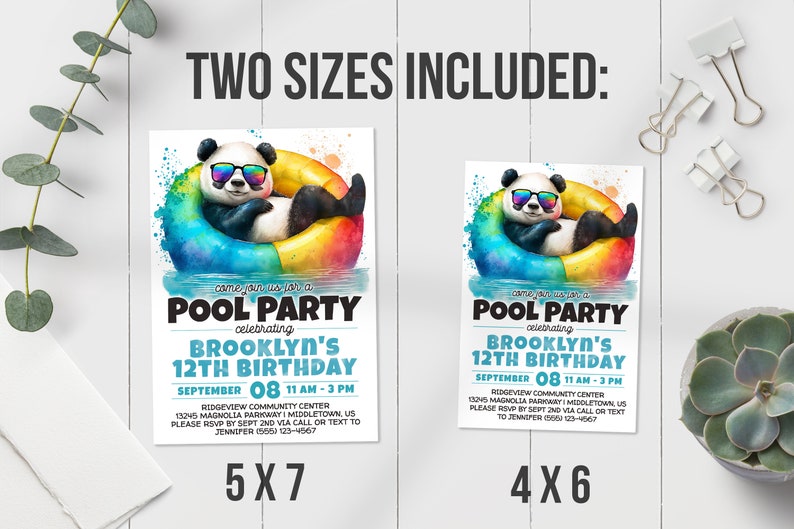 Kids Pool Party Invitation with panda in sunglasses, 5x7 and 4x6 sizes.