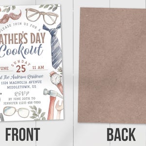 May include: A Father's Day cookout invitation with a watercolor illustration of a grill, tools, and a tie. The invitation includes the date, time, and location of the event. RSVP by June 20th to Jennifer (123) 456-7890.