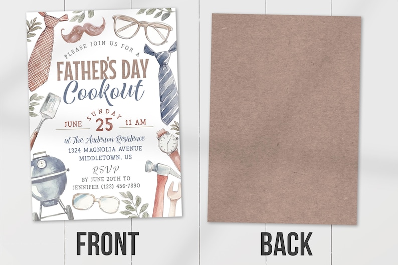 May include: A Father's Day cookout invitation with a watercolor illustration of a grill, tools, and a tie. The invitation includes the date, time, and location of the event. RSVP by June 20th to Jennifer (123) 456-7890.