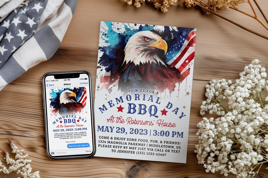 Memorial Day BBQ Invitation - Patriotic Memorial Day Party Digital ...