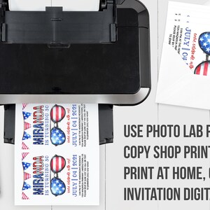 May include: A printable invitation for a 30th birthday party. The invitation features a red, white, and blue design with sunglasses and the text "Miranda is turning 30" and "July 04 | 2021".