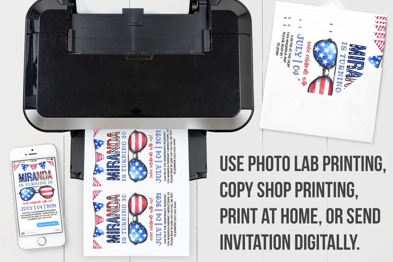 May include: A printable invitation for a 30th birthday party. The invitation features a red, white, and blue design with sunglasses and the text "Miranda is turning 30" and "July 04 | 2021".