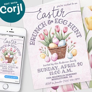Easter Egg Hunt Invitation - Pastel Easter Eggs Tulips Basket Digital Invite 5x7 4x6 Printable Editable Template Download PDF JPG EBT225