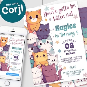 Invito di compleanno con gatti kawaii - Invito digitale per bambine e bambini di gattini carini 5x7 e 4x6 stampabile e modificabile Corjl modello PDF, JPG KC0225