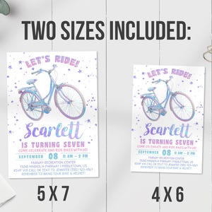 K&ouml;nnte beinhalten: Zwei Einladungskarten mit einer Fahrradillustration. Die Karten tragen die Aufschrift "Let's Ride!" und "Scarlett wird sieben." Die Gr&ouml;&szlig;en sind 12,7 x 17,8 cm und 10,2 x 15,2 cm. Die Einladung enth&auml;lt Veranstaltungsdetails.