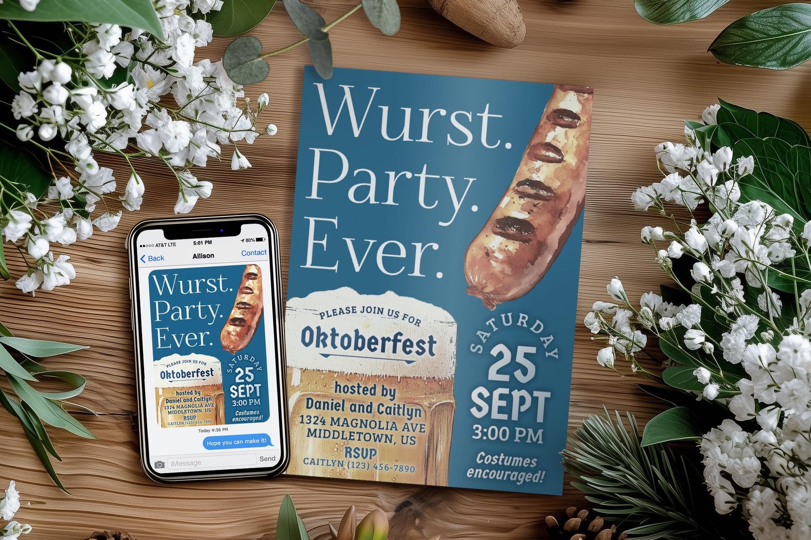 Funny Oktoberfest Invitation: Wurst Party Ever, Beer Pretzel 5x7 4x6 Editable Template PDF JPG