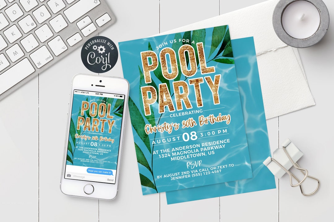Tropical Pool Party Birthday Invitation, Digital Invite 5x7 4x6 ...