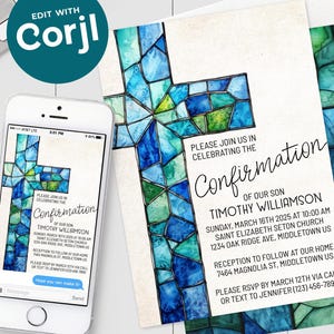 Confirmation Invitation - Stained Glass Cross Boy Masculine Confirmation Digital Invite 5x7 4x6 Editable Template Instant Download PDF, JPG
