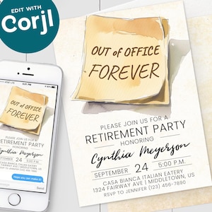 Retirement Party Invitation - Out of Office Forever Funny Sticky Note Digital Invite 5x7 & 4x6&quot; Editable Template Instant Download PDF JPG