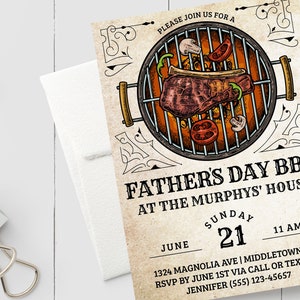 May include: A Father's Day BBQ invitation with a hand-drawn illustration of a grill with a steak, tomatoes, and mushrooms. The text reads "Please join us for a Father's Day BBQ at the Murphys' House. June 21, 11 AM. 1324 Magnolia Ave | Middletown, US. RSVP by June 1st via call or text to Jennifer (555) 123-45657."