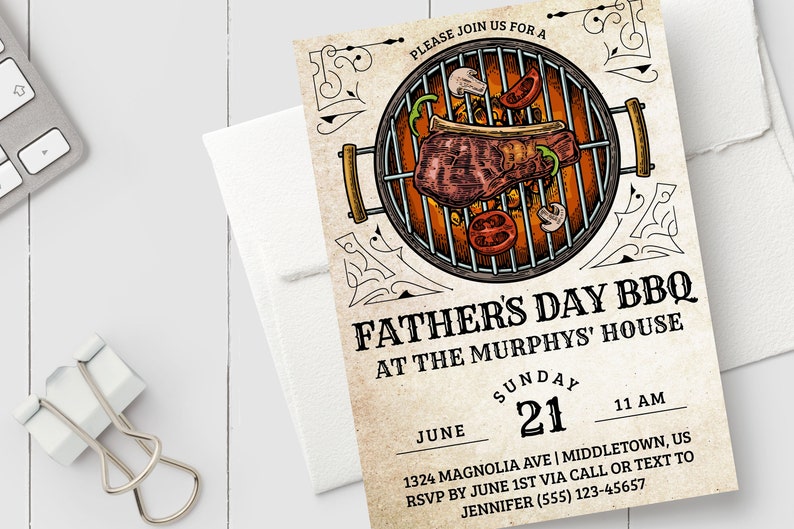 May include: A Father's Day BBQ invitation with a hand-drawn illustration of a grill with a steak, tomatoes, and mushrooms. The text reads "Please join us for a Father's Day BBQ at the Murphys' House. June 21, 11 AM. 1324 Magnolia Ave | Middletown, US. RSVP by June 1st via call or text to Jennifer (555) 123-45657."