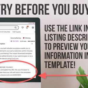 May include: Screenshot of a computer screen showing a product listing on Etsy. The listing is for a printable party stationery template. The text on the screen says "Try Before You Buy!" and includes a link to preview the template. The text also says "Do-it-yourself editable templates enable you to edit and print your party stationery within minutes after purchasing! This instant download template can be edited directly in your web browser or on a mobile device using Corjl.com."
