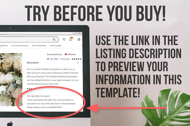 May include: Screenshot of a computer screen showing a product listing on Etsy. The listing is for a printable party stationery template. The text on the screen says "Try Before You Buy!" and includes a link to preview the template. The text also says "Do-it-yourself editable templates enable you to edit and print your party stationery within minutes after purchasing! This instant download template can be edited directly in your web browser or on a mobile device using Corjl.com."